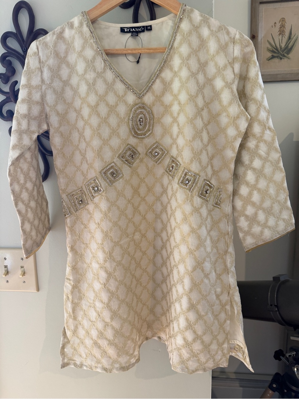 Women's Cream Embellished V-Neck Tunic